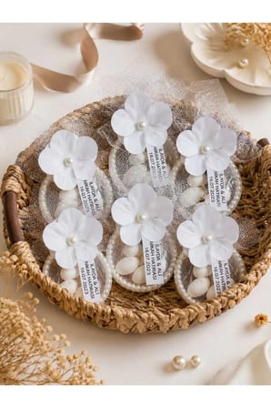 Söz Nişan Nikah Hediyeliği Beyaz Çiçekli Tüllü Magnet Şekerlik