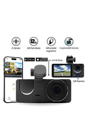Araç İçi Kayıt Cihazı  Ön + İç + Arka Kamera Geniş Açı ve HD Görüntü Mobil Uygulama Destekli