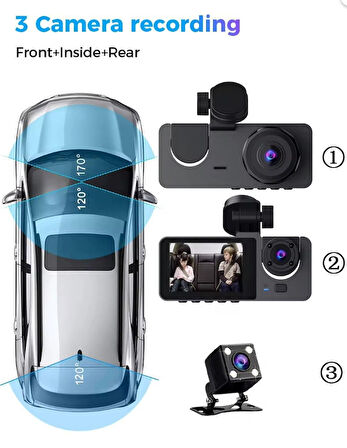 Araç İçi Kayıt Cihazı  Ön + İç + Arka Kamera Geniş Açı ve HD Görüntü Mobil Uygulama Destekli