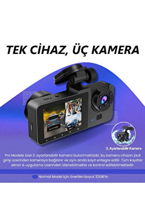 Araç İçi Kayıt Cihazı  Ön + İç + Arka Kamera Geniş Açı ve HD Görüntü Mobil Uygulama Destekli