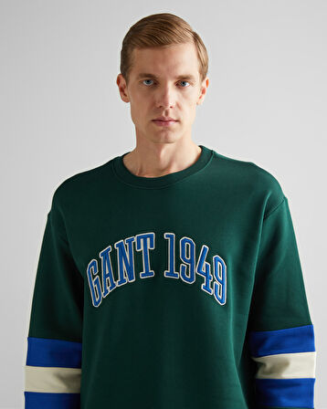GANT Erkek Yeşil Relaxed Fit Bisiklet Yaka Renk Bloklu Sweatshirt