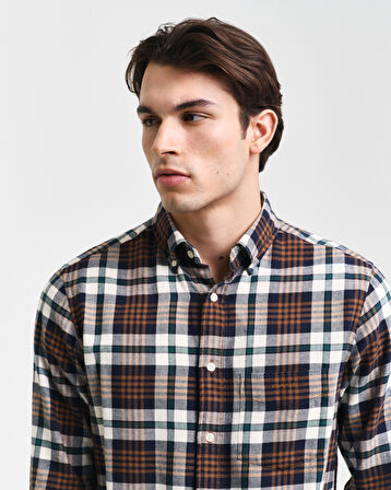 GANT Erkek Kahverengi Regular Fit Düğmeli Yaka Kareli Gömlek