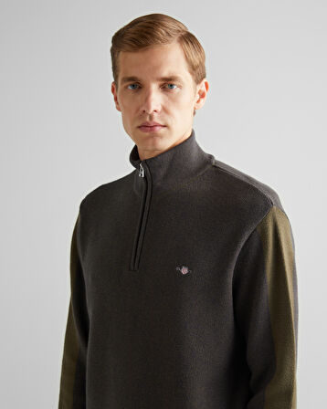 GANT Erkek Yeşil Relaxed Fit Yarım Fermuarlı Renk Bloklu Kazak