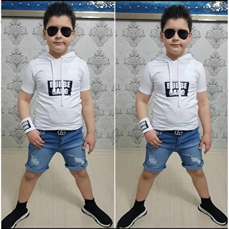 MODAVALS KAPİŞONLU SWEAT BİLEKLİK ZİNCİR AKSESUARLI 4 PARÇA ERKEK ÇOCUK KOT ŞORT KOMBİN - BEYAZ 