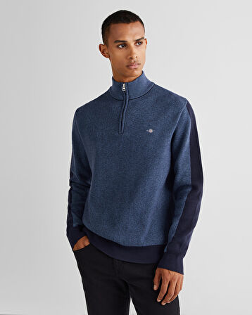 GANT Erkek Lacivert Relaxed Fit Yarım Fermuarlı Renk Bloklu Kazak