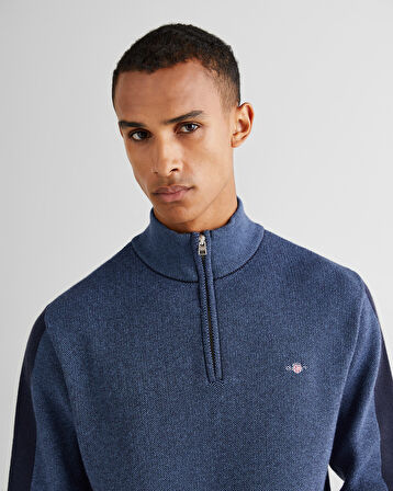 GANT Erkek Lacivert Relaxed Fit Yarım Fermuarlı Renk Bloklu Kazak