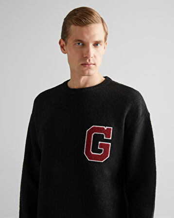 GANT Erkek Siyah Relaxed Fit Bisiklet Yaka Logolu Kazak