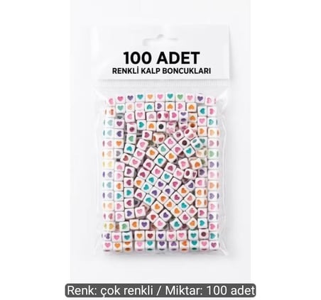 100 Adet Karışık Renkli Kalp Desenli Kare Boncuk Seti - Takı Tasarım Malzemesi