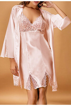 Saten Kadın Yırtmaç Detaylı Kimono & Gecelik İkili Takım L.N0.U1.RT.27