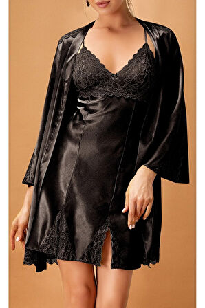 Saten Kadın Yırtmaç Detaylı Kimono & Gecelik İkili Takım L.N0.U1.RT.27