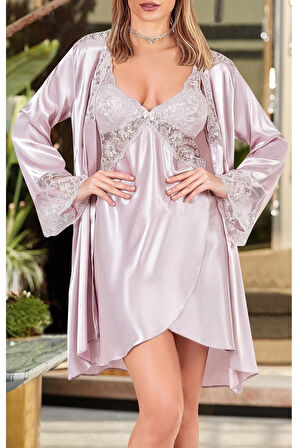 Kadın Saten Dantel Detaylı Kimono & Gecelik Takım L.N0.U1.RT.25