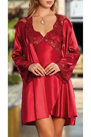 Kadın Saten Dantel Detaylı Kimono & Gecelik Takım L.N0.U1.RT.25