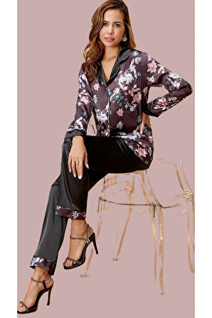 Kadın Saten Alt & Üst Baskılı Siyah Pijama Takımı L.N0.U1.RT.09