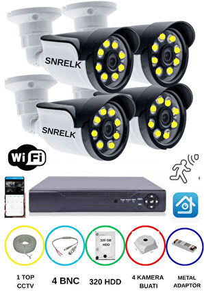 SNRELK  4'LÜ 5MP LENS WARM LEDLİ GECE RENKLİ GÜVENLİK KAMERASI AHD 320 GB SU GEÇİRMEZ FULL SET