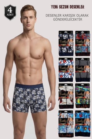 Tutku Erkek Desenli Paçalı Boxer 4’lü Set 0119 – Renkli, Esnek (Karışık Desen)