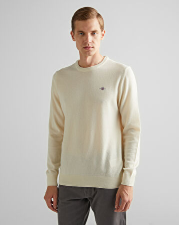 GANT Erkek Krem Regular Fit Bisiklet Yaka Yün Kazak