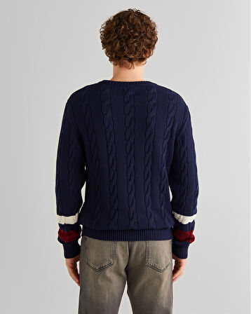 GANT Erkek Lacivert Relaxed Fit Bisiklet Yaka Renk Bloklu Örgü Kazak