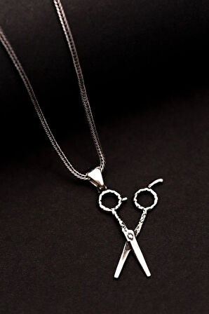 Erkek Gümüş Kolye - Makas Figürlü Erkek Gümüş Kolye Tilki Kuyruğu Zincirli