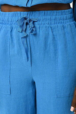 KADIN BELİ LASTİKLİ BOL PAÇA DÜZ RENK KETEN PANTOLON