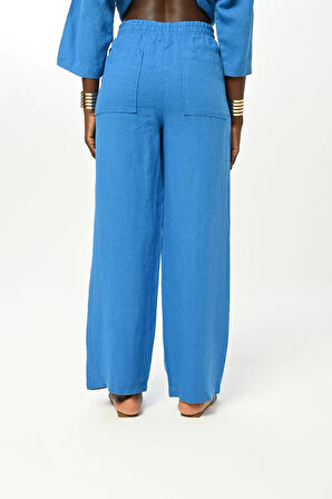 KADIN BELİ LASTİKLİ BOL PAÇA DÜZ RENK KETEN PANTOLON