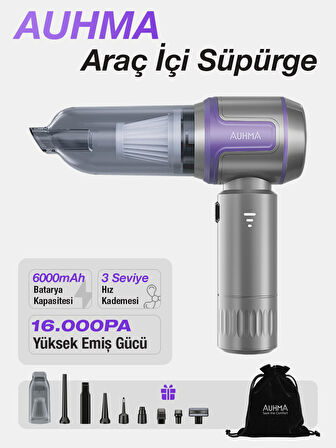 Auhma AHV-09 Kablosuz Taşınabilir Araç İçi El Süpürgesi | 16000PA Güçlü Vakum | 4’ü 1 Arada Çok Amaçlı Temizlik