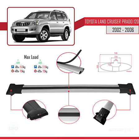 Toyota Land Cruiser Prado (J120) 2002-2006 Arası ile Uyumlu FLY Model Ara Atkı Tavan Barı Gri 2 Adet