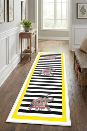 Filsiz Sarı Beyaz Dijital Baskılı Kaymaz Yıkanabilir Yolluk - Leke Tutmaz