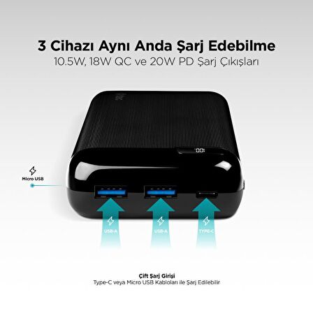 Ttec Şarj Akım Korumalı Led Ekranlı 20W 20.000 mAh Powerbank İphone Samsung Huawei Şarj Powerbank