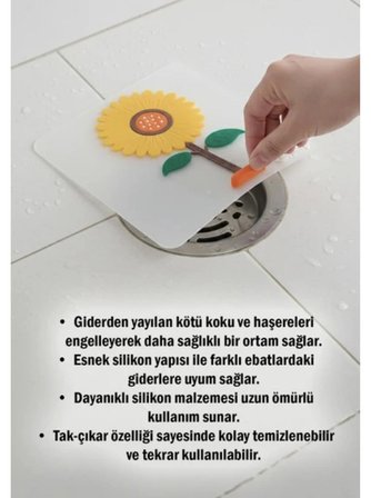 Ayçiçeği Kare Silikon Kötü Koku Önleyici Gider Kapağı Banyo Mutfak, Balkon Lavabo Tıpası 14,5x14