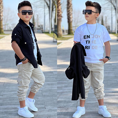 MODAVALS CEP ve KOL DETAYLI DÜĞMELİ CEKET BASKILI TİŞÖRT ve KARGO PANTOLON 3 PARÇA ERKEK ÇOCUK TAKIM-589274601