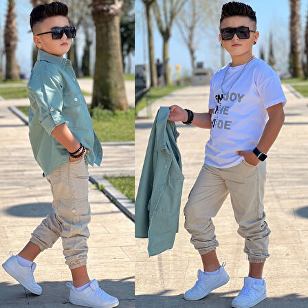 MODAVALS CEP ve KOL DETAYLI DÜĞMELİ CEKET BASKILI TİŞÖRT ve KARGO PANTOLON 3 PARÇA ERKEK ÇOCUK TAKIM-589274601