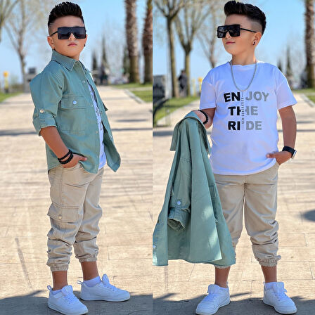 MODAVALS CEP ve KOL DETAYLI DÜĞMELİ CEKET BASKILI TİŞÖRT ve KARGO PANTOLON 3 PARÇA ERKEK ÇOCUK TAKIM-589274601