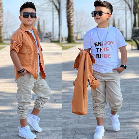 MODAVALS CEP ve KOL DETAYLI DÜĞMELİ CEKET BASKILI TİŞÖRT ve KARGO PANTOLON 3 PARÇA ERKEK ÇOCUK TAKIM-589274601