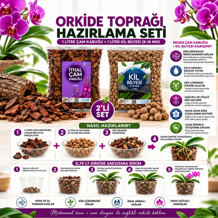 Orkide Toprağı Hazırlama Seti 2'li - 1 Litre Ithal Çam Kabuğu + 1 Litre Kil Bilyesi (8-16MM) Orkide Dikim ve Saksı Değişim Seti