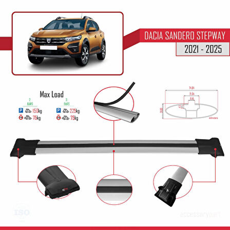 Dacia Sandero Stepway 3 2021 ve Sonrası ile Uyumlu FLY Model Ara Atkı Tavan Barı Gri 2 Adet