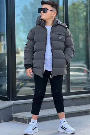 Pina Kids Erkek Çocuk Kapüşonlu Mont Füme Kalın Su Geçirmez