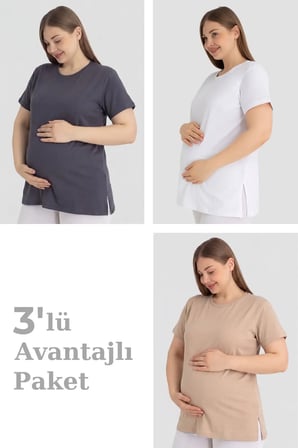 Delux Serisi Pamuklu Kısa Kollu Hamile Tişört 3'lü Paket Bekleyen Anne Dökümlü Giysi