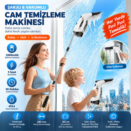 Şarjlı Cam Silme Makinesi Vakumlu Cam Temizleme Makinesi Cam Silecek Pencere Ayna Araç Camı Temizleyici