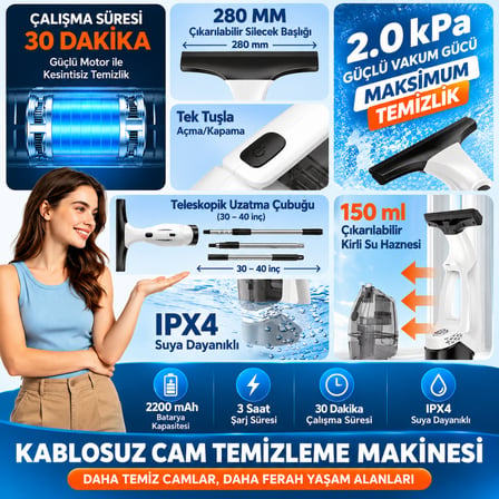 Şarjlı Cam Silme Makinesi Vakumlu Cam Temizleme Makinesi Cam Silecek Pencere Ayna Araç Camı Temizleyici