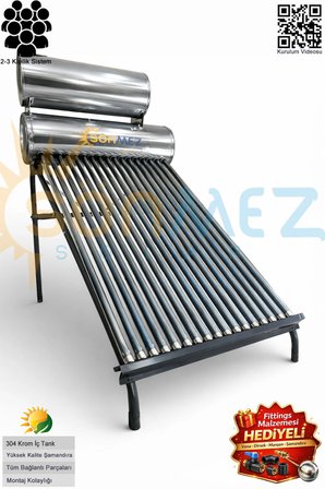 Solar KROM KILIF 18x Vakum Tüplü Güneş Enerji Sıcak Su Sistemleri (AÇIK DEVRE DOĞAL AKIŞLI)