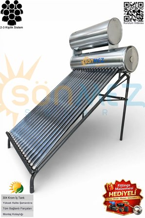 Solar KROM KILIF 18x Vakum Tüplü Güneş Enerji Sıcak Su Sistemleri (AÇIK DEVRE DOĞAL AKIŞLI)