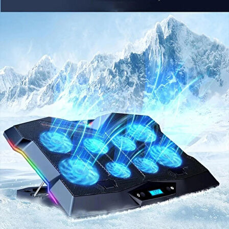 Monozone  8 Fanlı 18-11İnç RGB Işıklı Notebook Laptop Soğutucu Fan Yükseklik Ayarlı Sessiz LCD Pro Stand Çift USB 1 Type-c Giriş