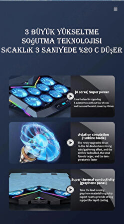 Monozone  8 Fanlı 18-11İnç RGB Işıklı Notebook Laptop Soğutucu Fan Yükseklik Ayarlı Sessiz LCD Pro Stand Çift USB 1 Type-c Giriş