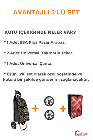Pazar Arabası Plus Avantajlı 3' lü SET Pazar Arabası + Yedek Tekeri + Yedek Çantası.