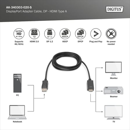 Digitus DisplayPort Adaptör Kablosu, DP - HDMI Tip A 3 metre AK.340303.030.S 3m