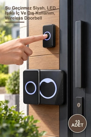 10 Adet Kablosuz Kapı Zili – Su Geçirmez Siyah, LED Işıklı İç Ve Dış Kullanım, Wireless Doorbell