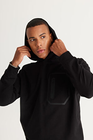 Erkek Siyah Standart Fit Normal Kesim Kapüşonlu Pamuklu Sweatshirt