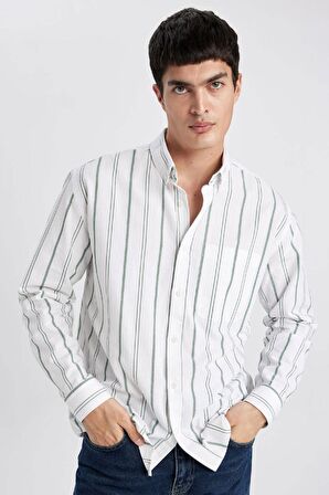 DeFacto Relax Fit Polo Yaka Çizgili Oxford Uzun Kollu Gömlek B3679AX24SPGN900