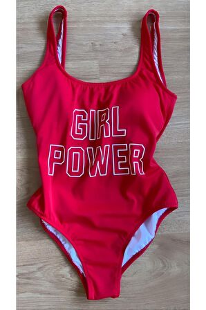 Kırmızı DAR KALIP Girl Power Baskılı Mayo