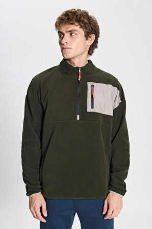 Erkek Haki Oversize Bol Kesim Bato Yaka Cep Detaylı Fermuarlı Soğuk Geçirmez Polar Sweatshirt